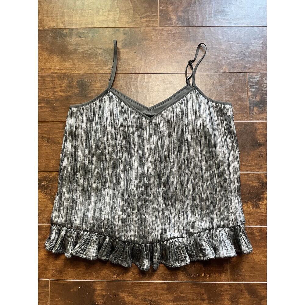 Anthropologie Womens Gray Silver Amelie Peplum Camp Sequin Top Size 4